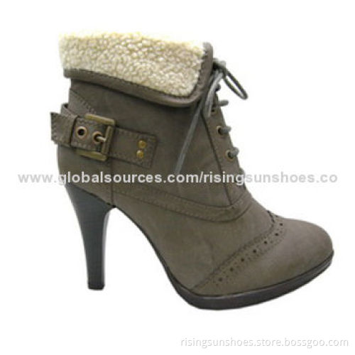 Women's High Heel Dress Boots, Nubuck PU Upper with Wide Fur Piece Around Ankle Part, Warm and Nice
